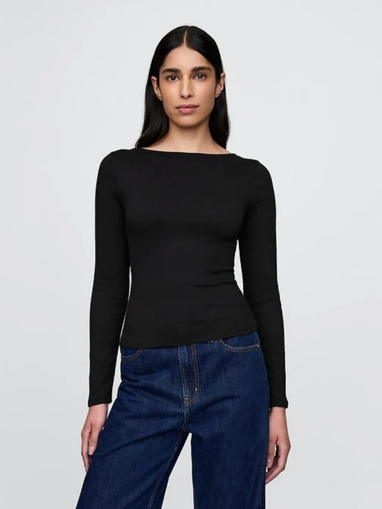 Nwt Gap Black Boat Neck Long Sleeve Open Back Top Large